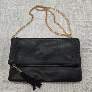Fold Over Clutch Shoulder Bag Purse Black Whipstitch Western Boho Rose Gold